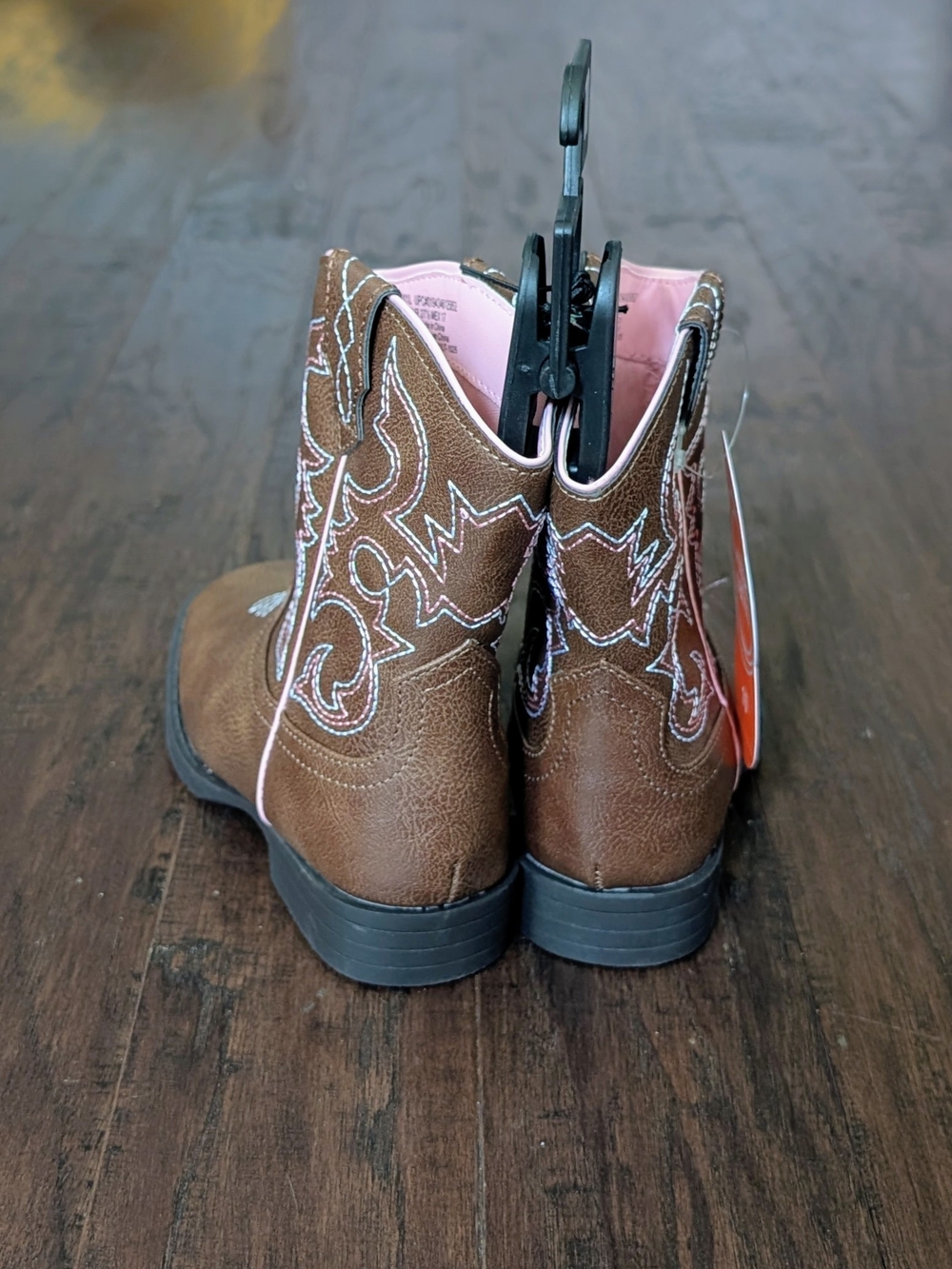 Little Girls Brown Western Cowgirl Boots with Pink/White Stitching - Size 11 - Picture 6 of 11